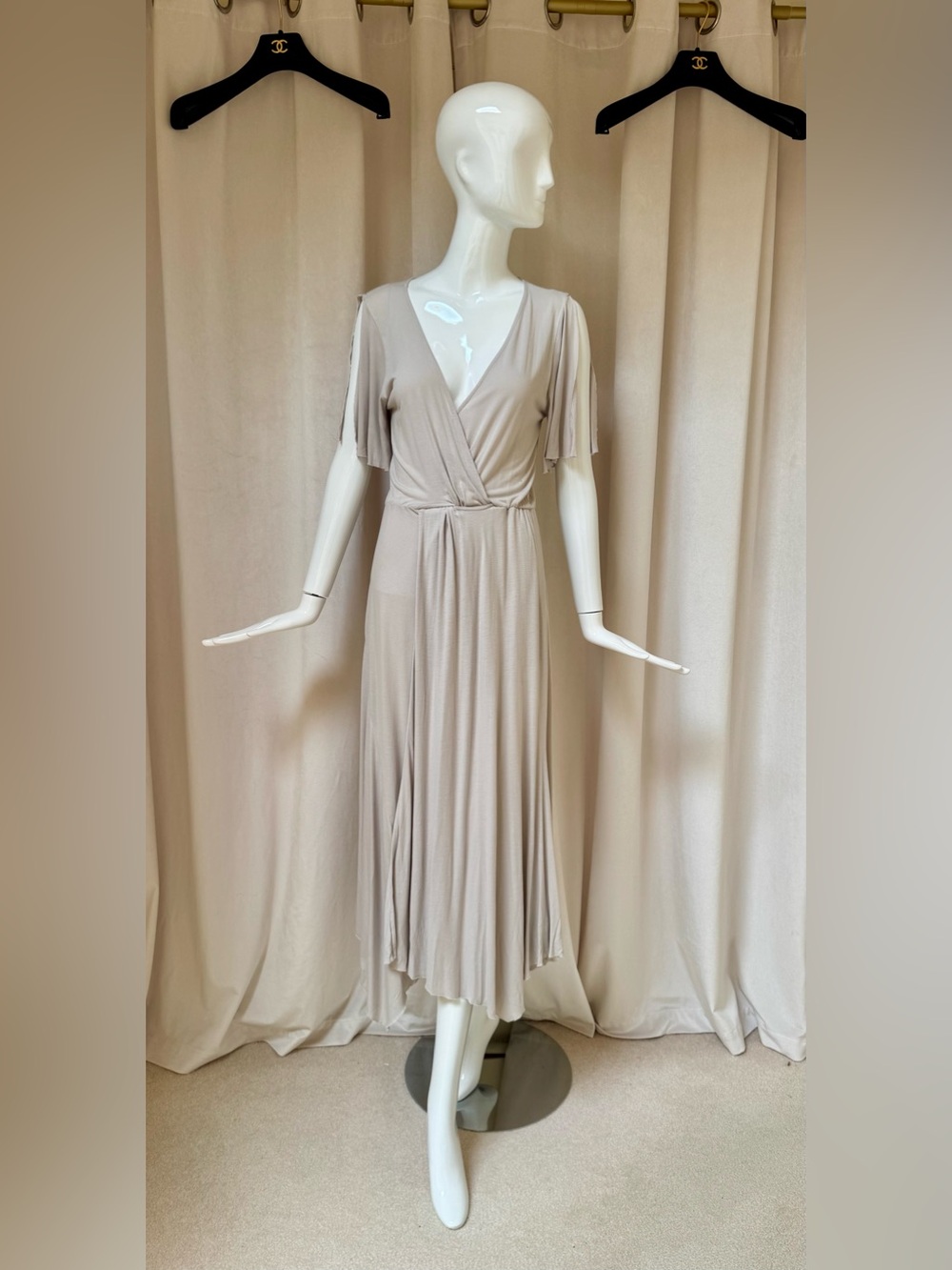 All Saints Amira Beige Wrap-Style Midi Dress irregular unfinished hemline VGC XS
